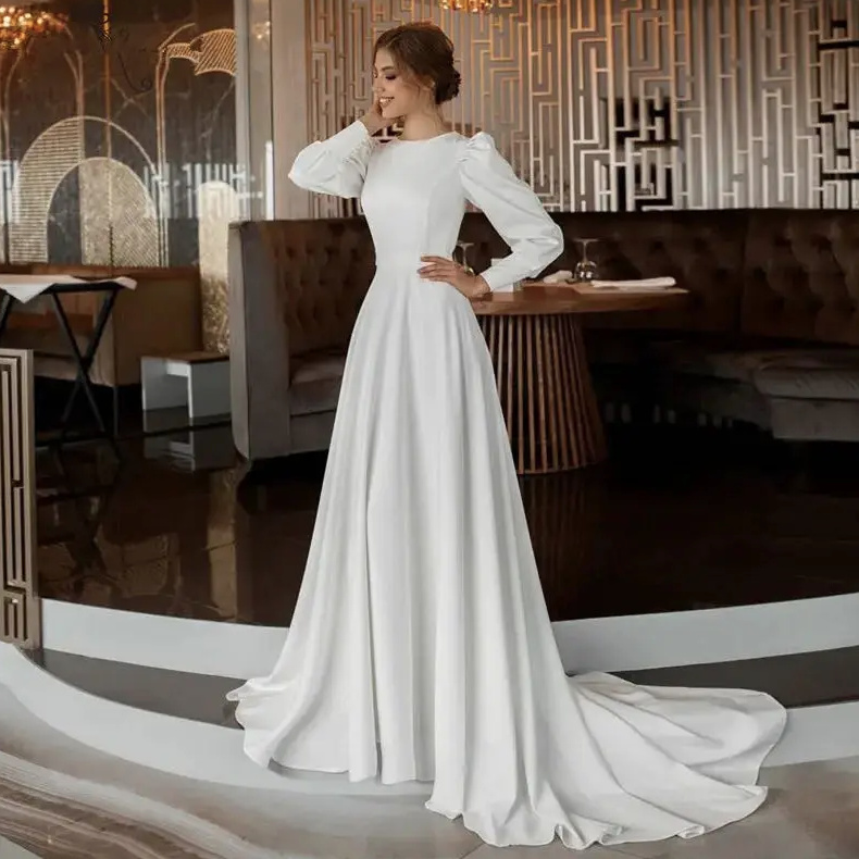 A Linie Langarm Vintage Style Brautkleid Ariel mit Rundhals Ausschnitt und Schleppe