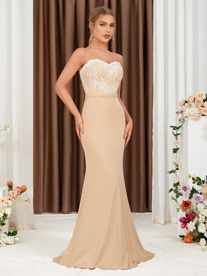 Schulterfreies Meerjungfrau Kleid Elegant in Champagne mit Spitze