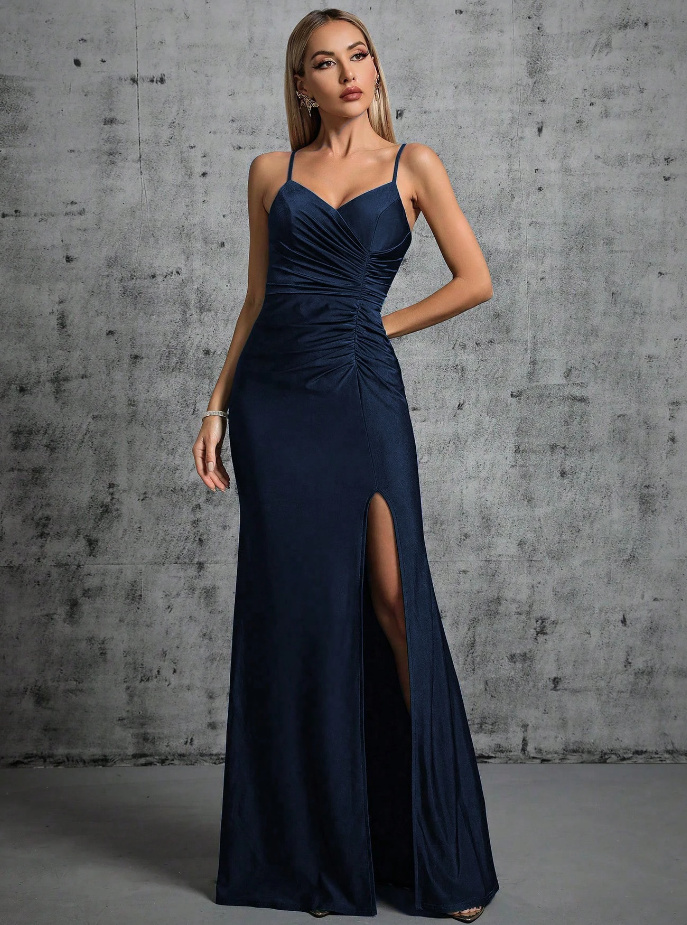 Fit and Flare Kleid Elegant für Hochzeitsgäste in Dunkelblau mit Schlitz