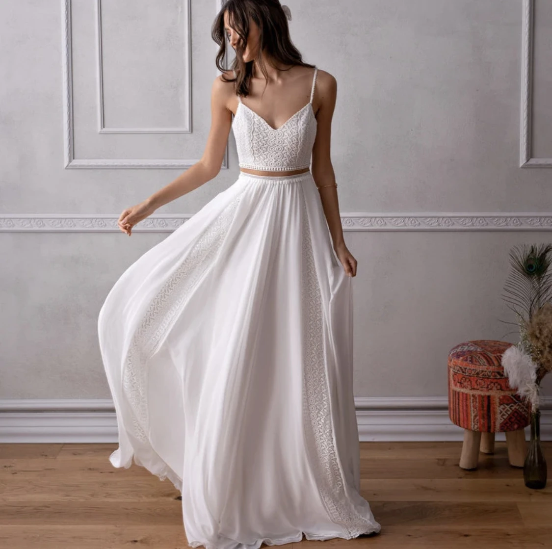 Boho Zweiteiliges Hochzeit Kleid mit Spaghetti träger