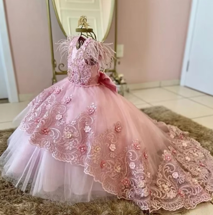 Prinzessin Blumenmädchenkleid Bodenlang mit Schleppe Spitze und Blumen