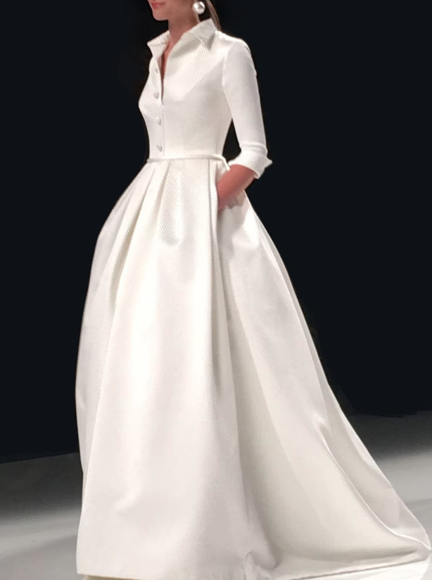 Elegantes A Linie Langarm Standesamtkleid Bodenlang mit Taschen Weiß