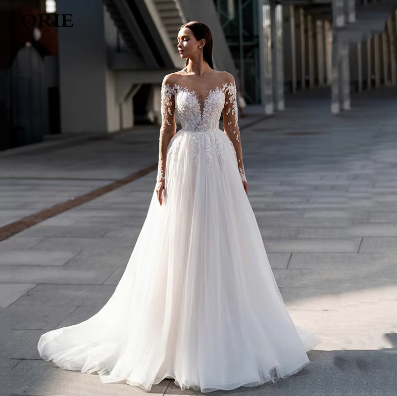 Modernes A Linie Brautkleid Bianca mit Illusion Ausschnitt und Tattoo Spitze