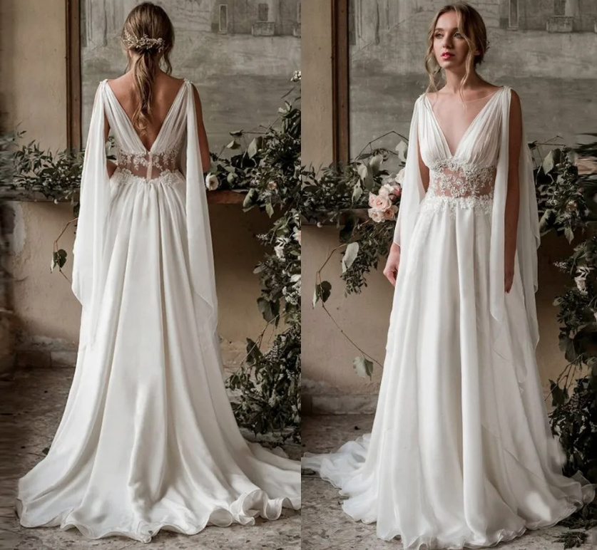 Boho Style Brautkleid Anni mit V Ausschnitt Bodenlang