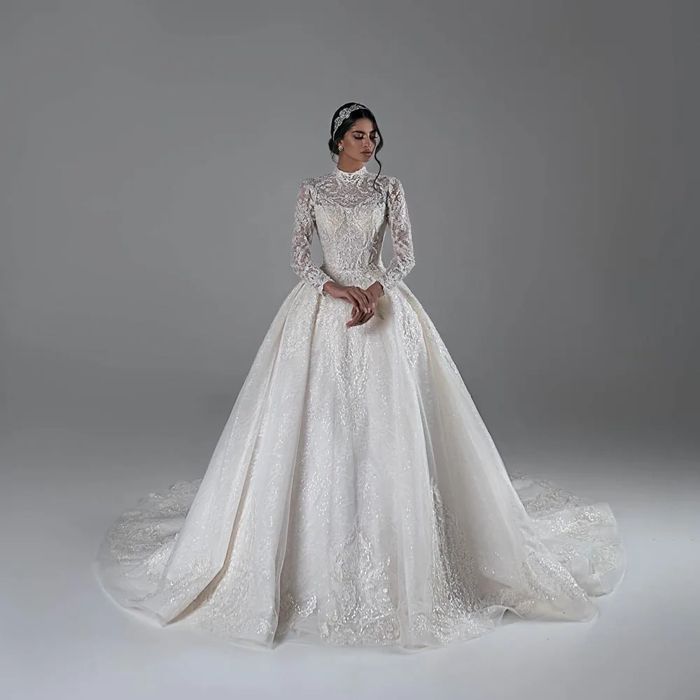 Hochzeitskleid High Neck Vintage Ballkleid Langarm