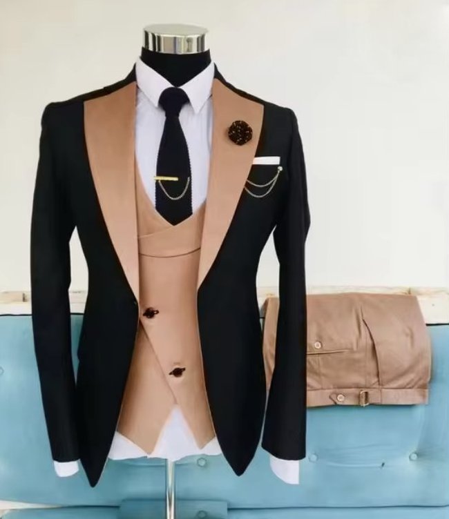 Hochzeitsanzug Anno für den Bräutigam Beige Schwarz Dreiteilig