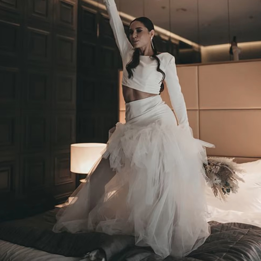 Meerjungfrau Langarm Brautkleid Zweiteilig Weiß