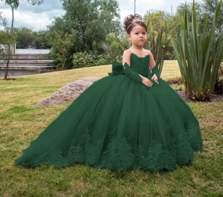A Linie Blumenmädchenkleid Berit Bodenlang mit Spitze und Schleppe Dunkelgrün