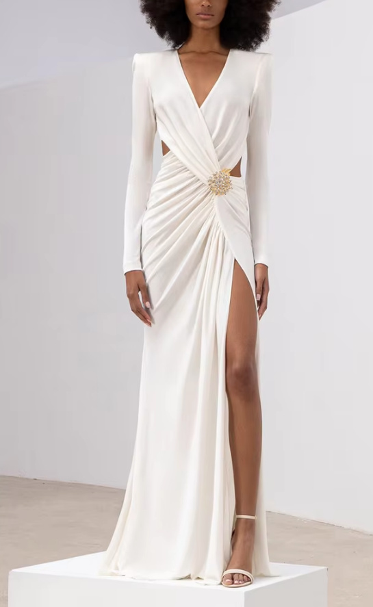 Sexy Langarm Standesamtkleid Brigitte mit Cut Outs und Schlitz Lang