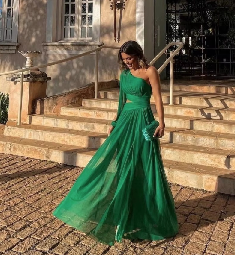 One Shoulder Chiffon Kleid Elegant für Hochzeitsgäste und Events in Grün