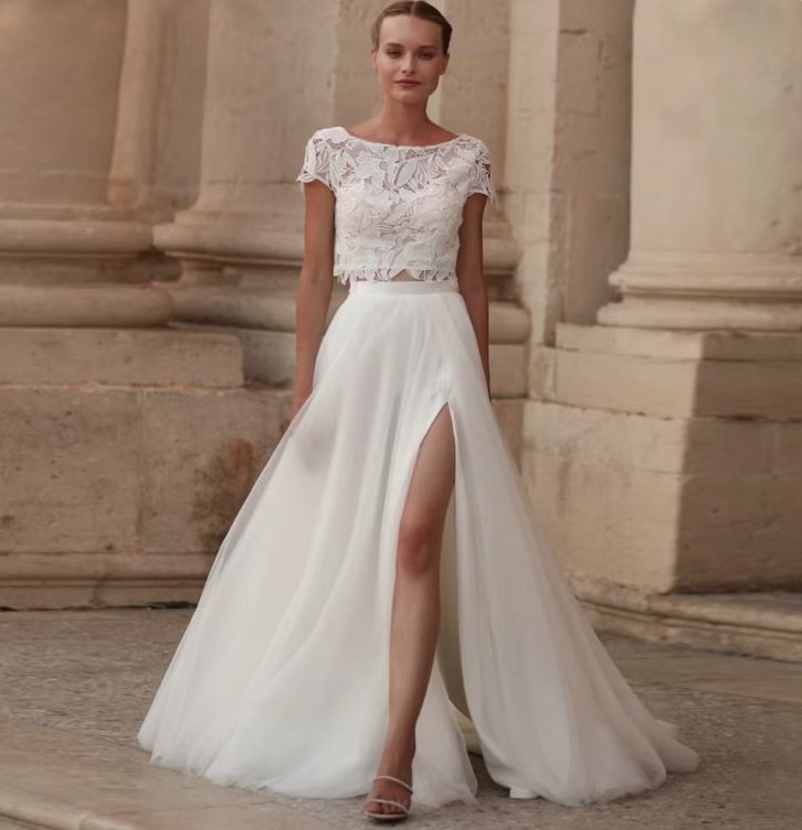 Zweiteiliges A Linie Brautkleid Cinzia mit Spitze und Tüll Bodenlang