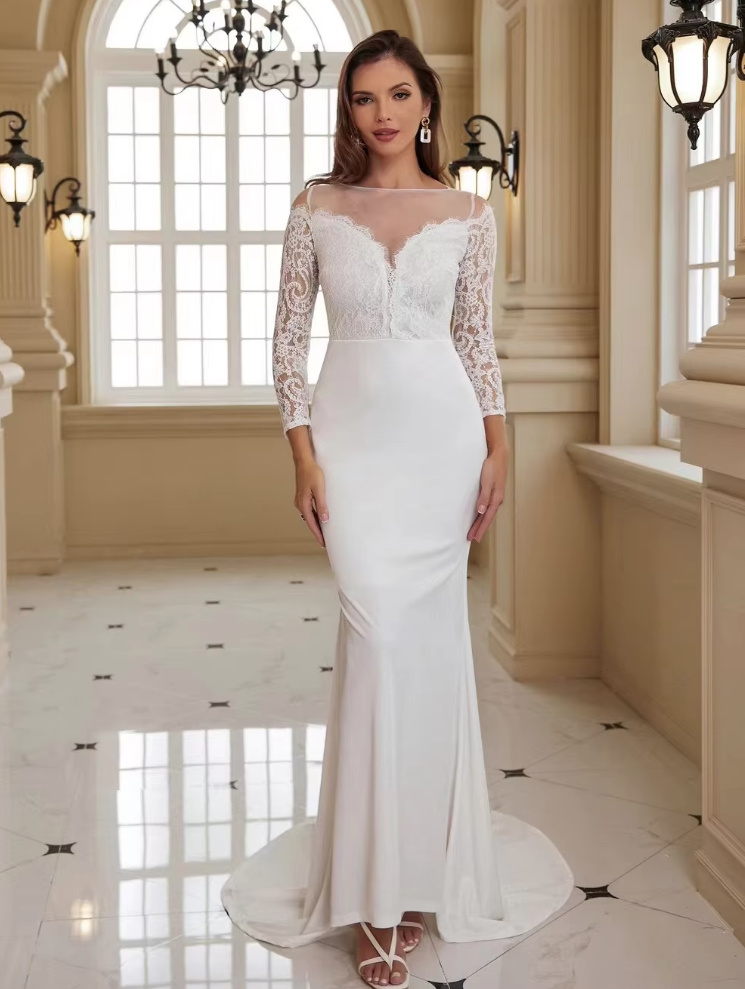 Langarm Fit and Flare Standesamtkleid Caro mit Tattoo Spitze