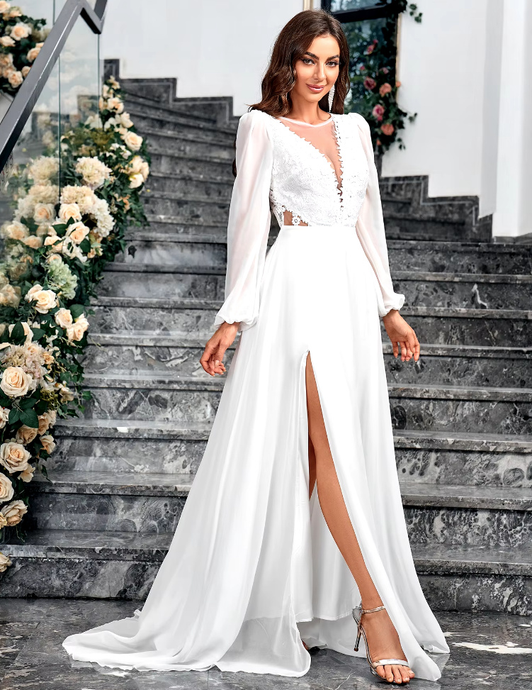 A Linie Chiffon Langarm Standesamtkleid Chanel mit Sexy V Ausschnitt