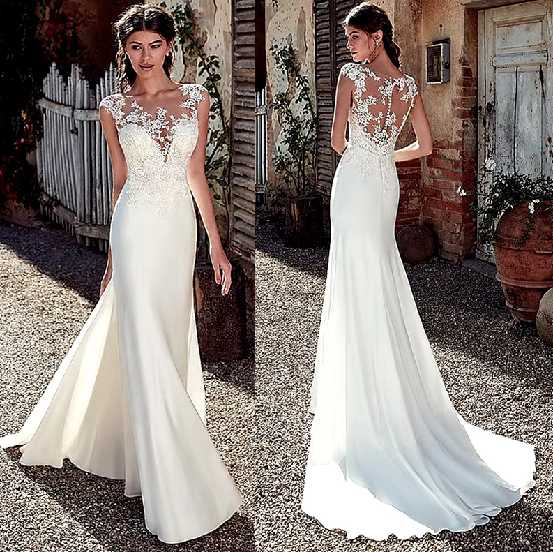 Ärmelloses Fit and Flare Brautkleid Corinna mit Pinselschleppe und Illusion Ausschnitt