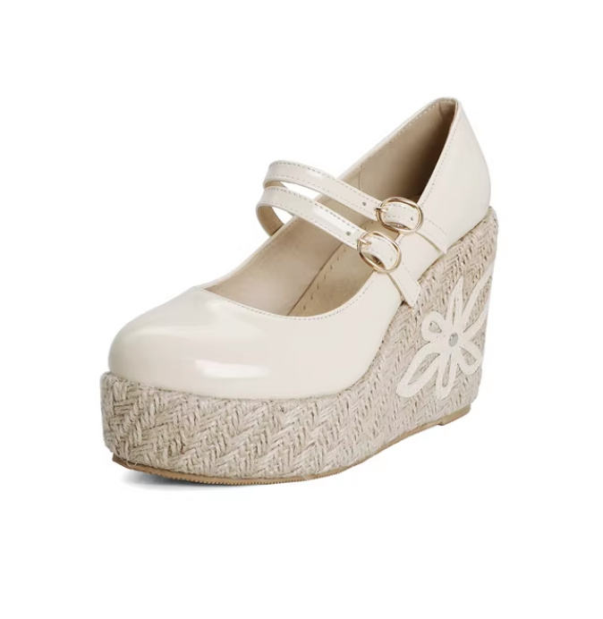 Lackleder Boho Keil Absatz Brautschuhe mit Blume