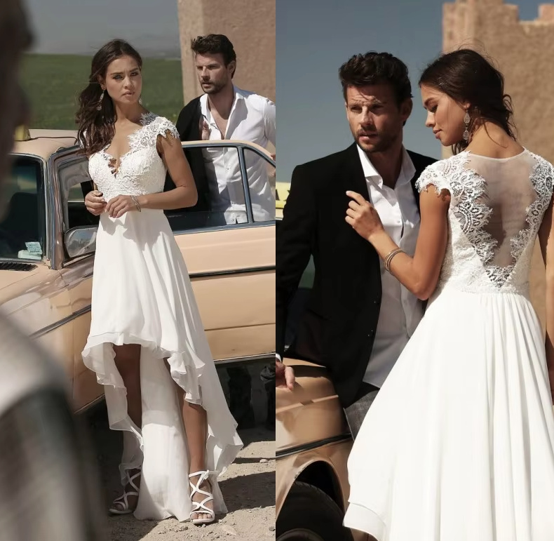 Vokuhila Vintage Style Brautkleid Vorne Kurz Hinten Lang mit Spitze 