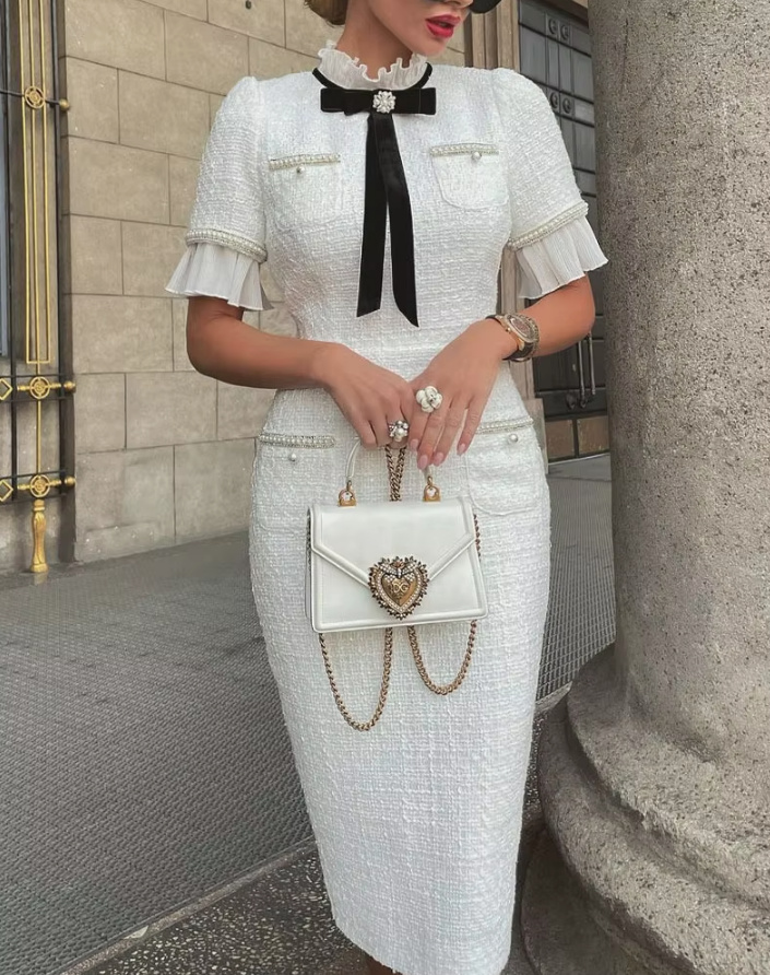 Bleistift Tweed Kurzarm Standesamtkleid Wadenlang Elegant in Vintage Style