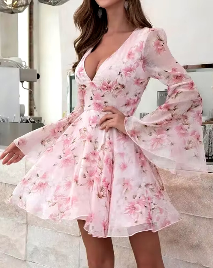 Elegantes Langarm Chiffon Kleid für Gäste Kurz in Rosa mit Blumenmuster