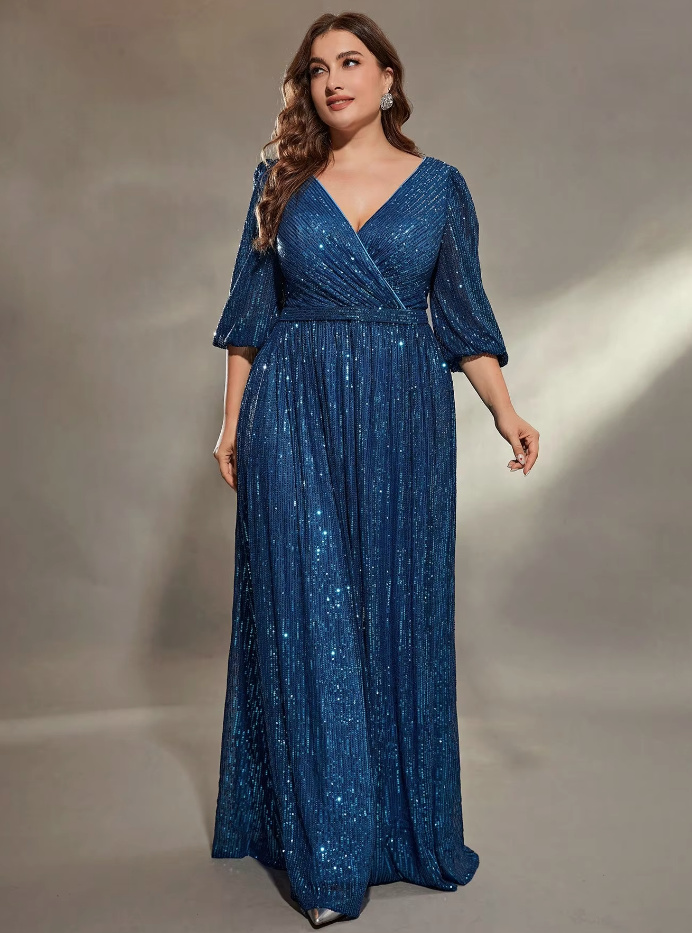 A Linie Glitzer Maxi Kleid Elegant für Hochzeitsgäste in Blau mit V Ausschnitt