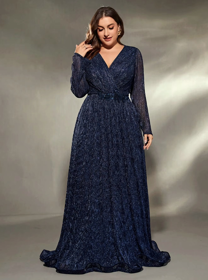 A Linie Langarm Maxikleid Elegant für Hochzeitsgäste in Marineblau mit V Ausschnitt