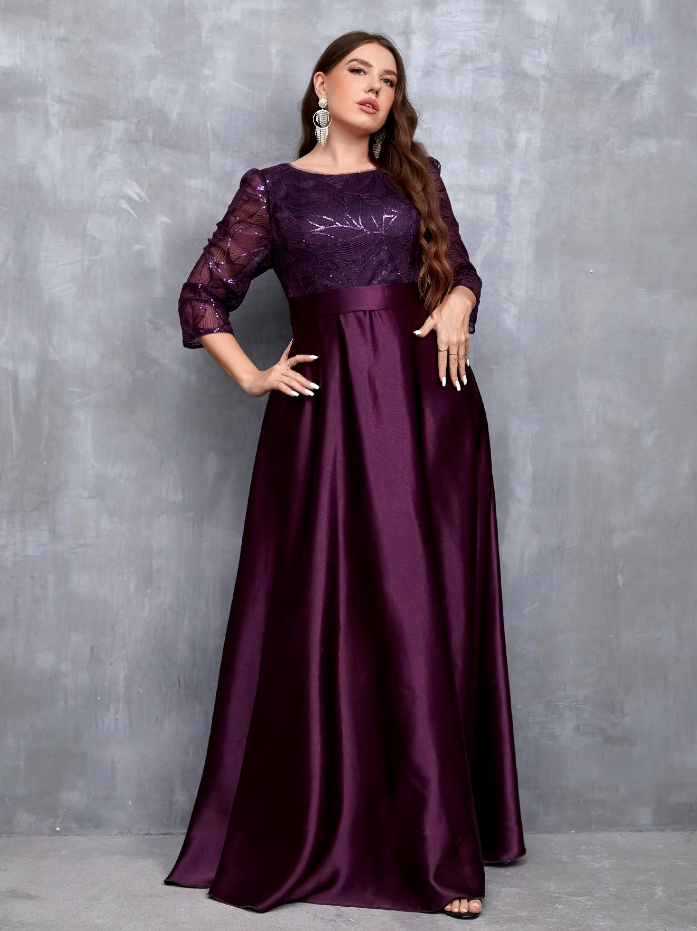 A Linie Langarm Maxikleid Elegant für Hochzeitsgäste in Lila mit Rundhals Ausschnitt
