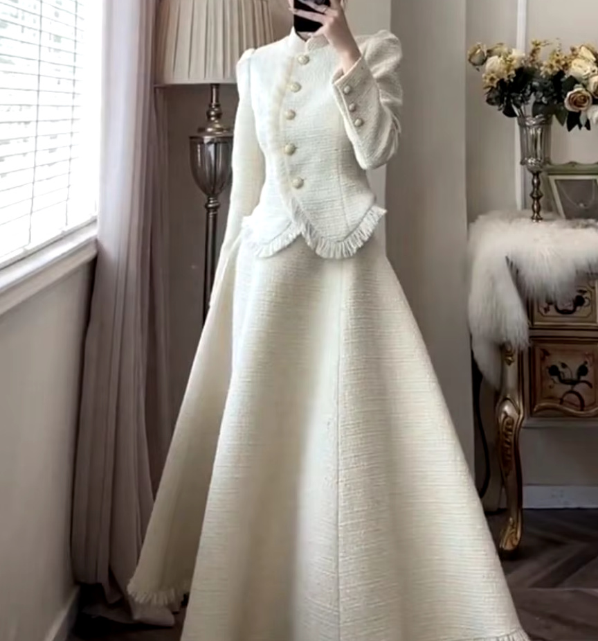 A Linie Tweed Köstüm für die Braut Weiß Standesamtmode