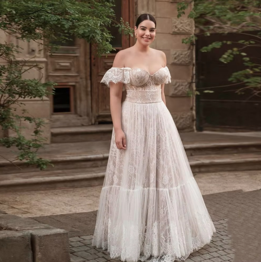 Schulterfreies Plus Size Boho Style Langarm Brautkleid Charline Bodenlang