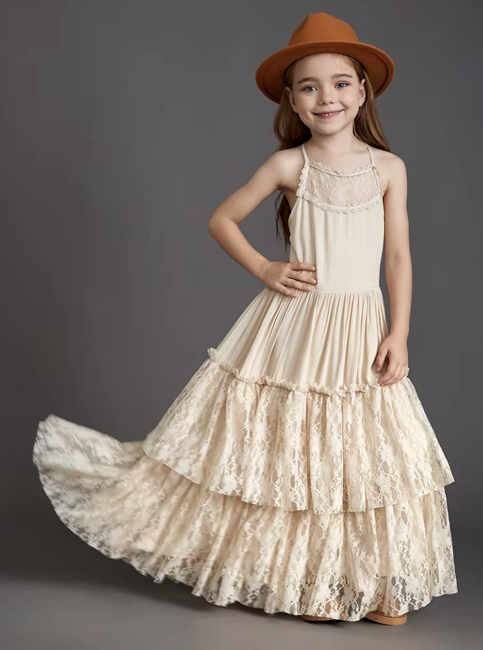 A Linie Spaghettiträger Boho Style Blumenmädchenkleid Charlott in Champagne