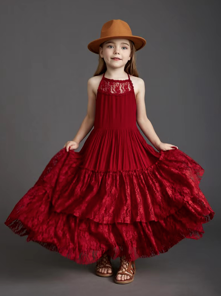 A Linie Spaghettiträger Boho Style Blumenmädchenkleid Charlott in Dunkelrot