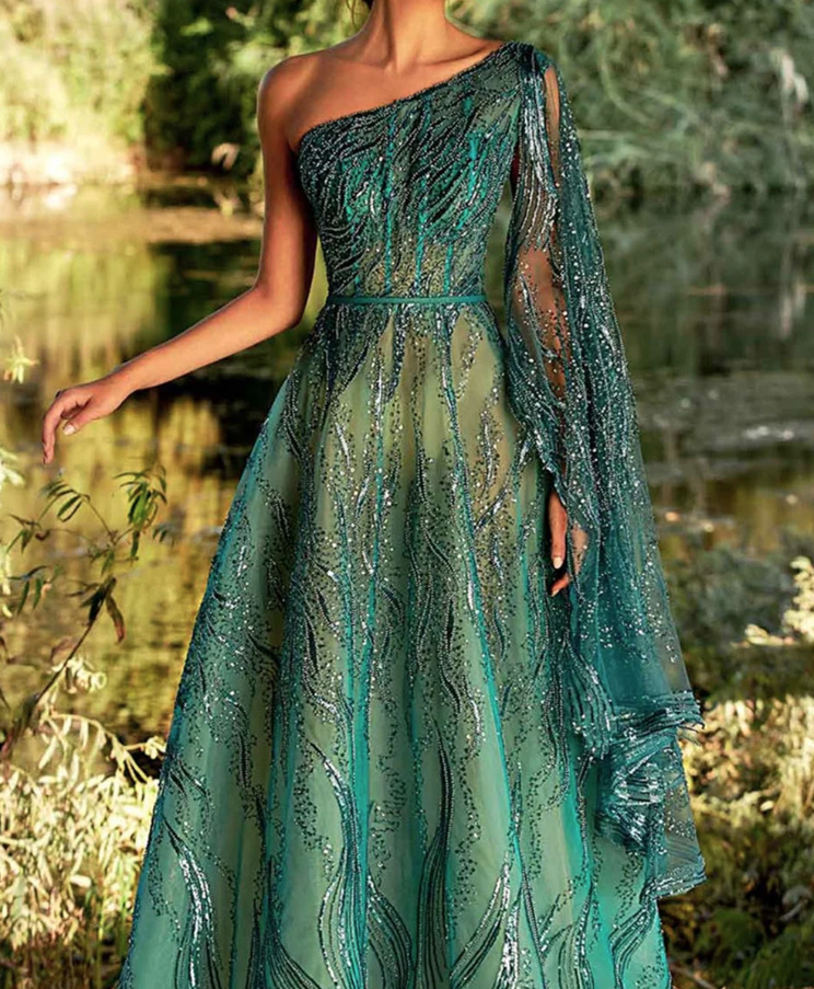 One Shoulder Glitzer Brautkleid Amina in Dunkelgrün