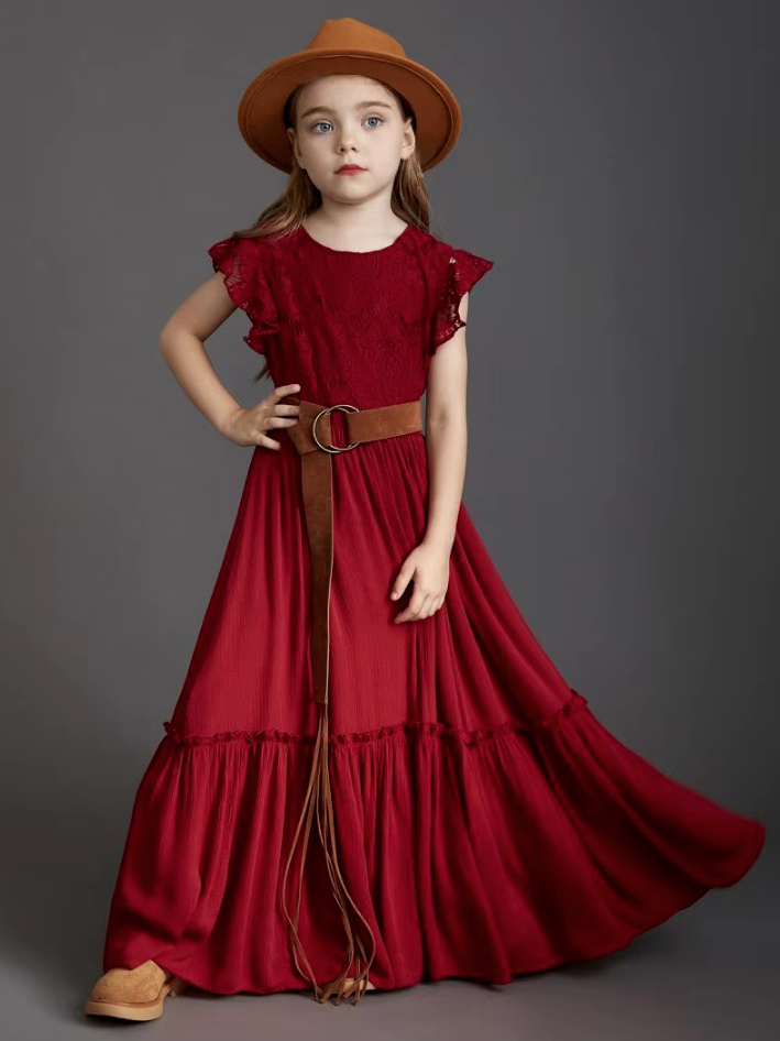 A Linie Spaghettiträger Boho Style Blumenmädchenkleid Christin in Dunkelrot