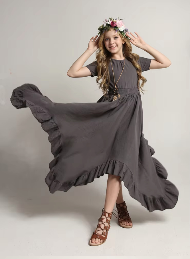 A Linie Kurzarm Boho Style Blumenmädchenkleid Christin in Dunkelgrau