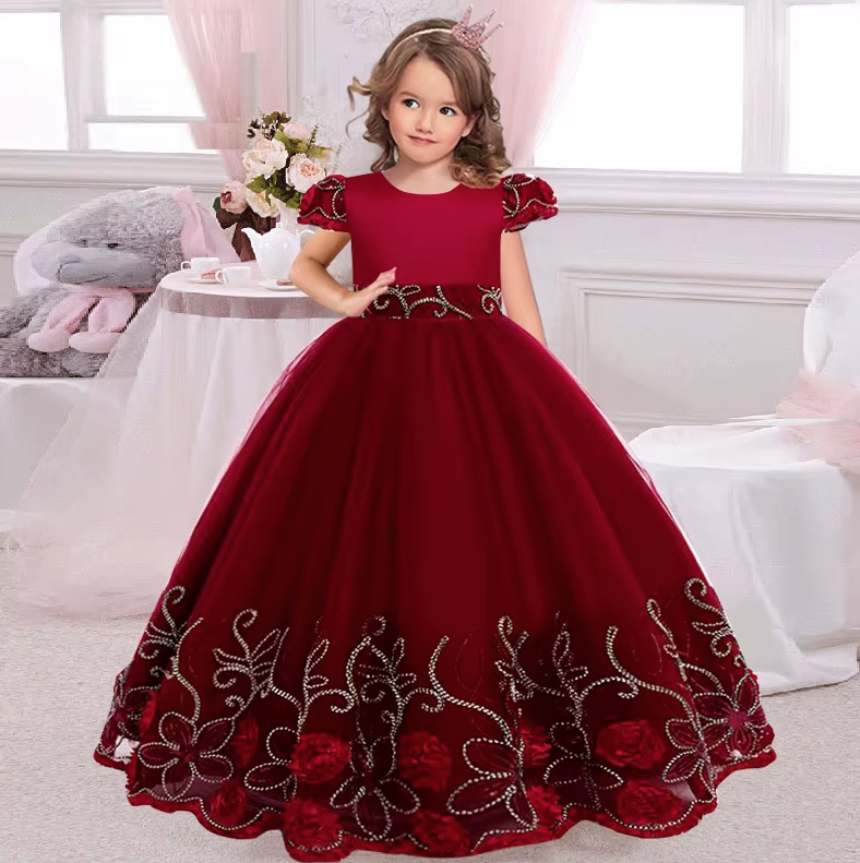 A Linie Blumenmädchenkleid Cassidy Weinrot mit Stickereien