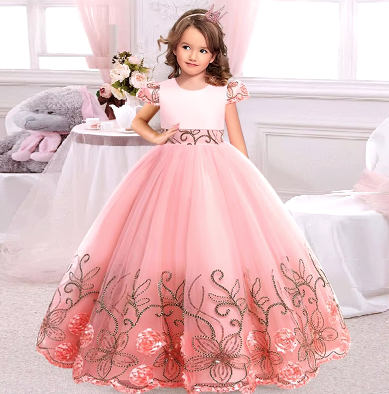 A Linie Blumenmädchenkleid Cassidy in Lachs mit Stickereien