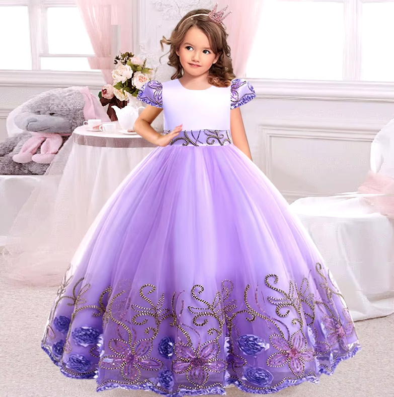 A Linie Blumenmädchenkleid Cassidy in Lila mit Stickereien