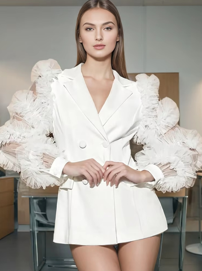 Sexy Mesh Rüschen Patchwork Blazer in Weiß für die Braut 