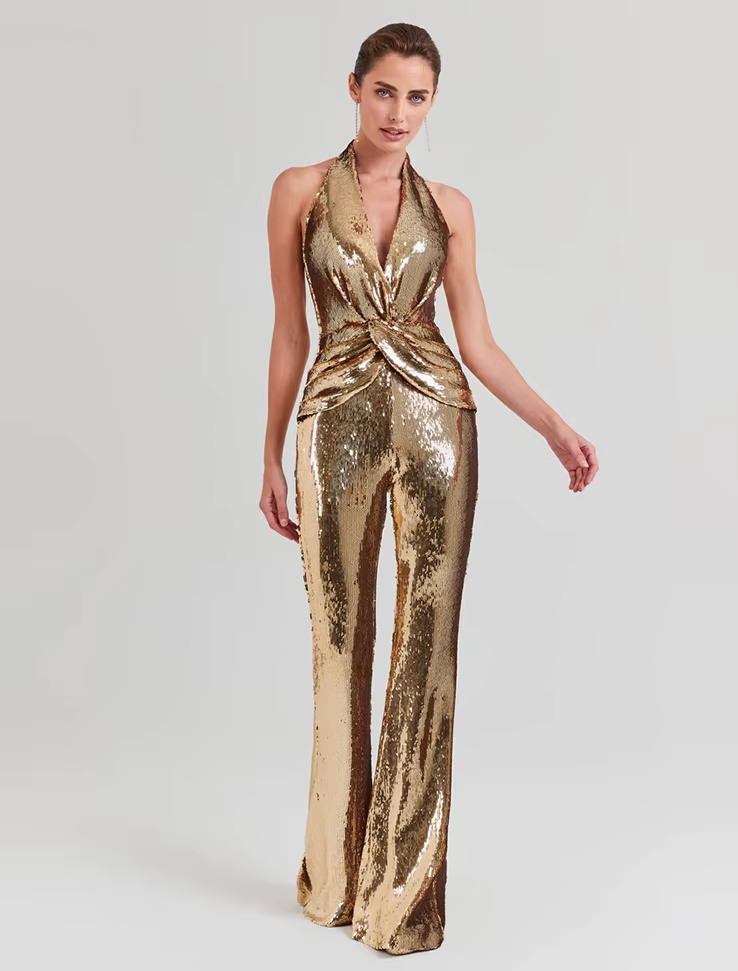 Sexy Glitzer Braut Overall Einteiler in Gold Standesamtmode 