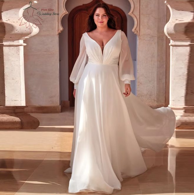 Langarm Empire Curvy Brautkleid mit Chiffon Ärmel