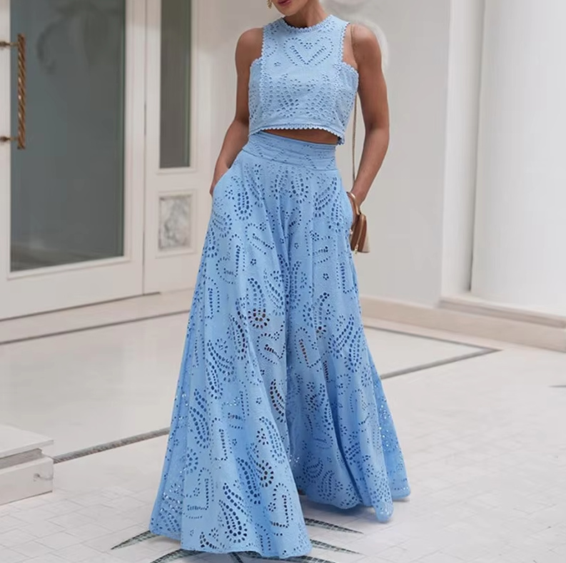 Damen A Linie Zweiteiler Elegant in Hellblau für Gäste Rock und Top im Set