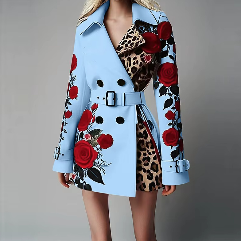Zweireiher Damen Blazer Elegant in Hellblau mit Rosen