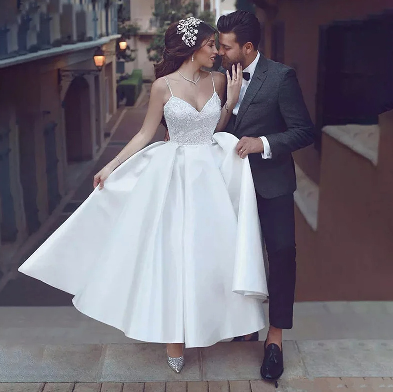 Spaghettiträger Vintage Brautkleid Amira Knöchellang mit Spitze