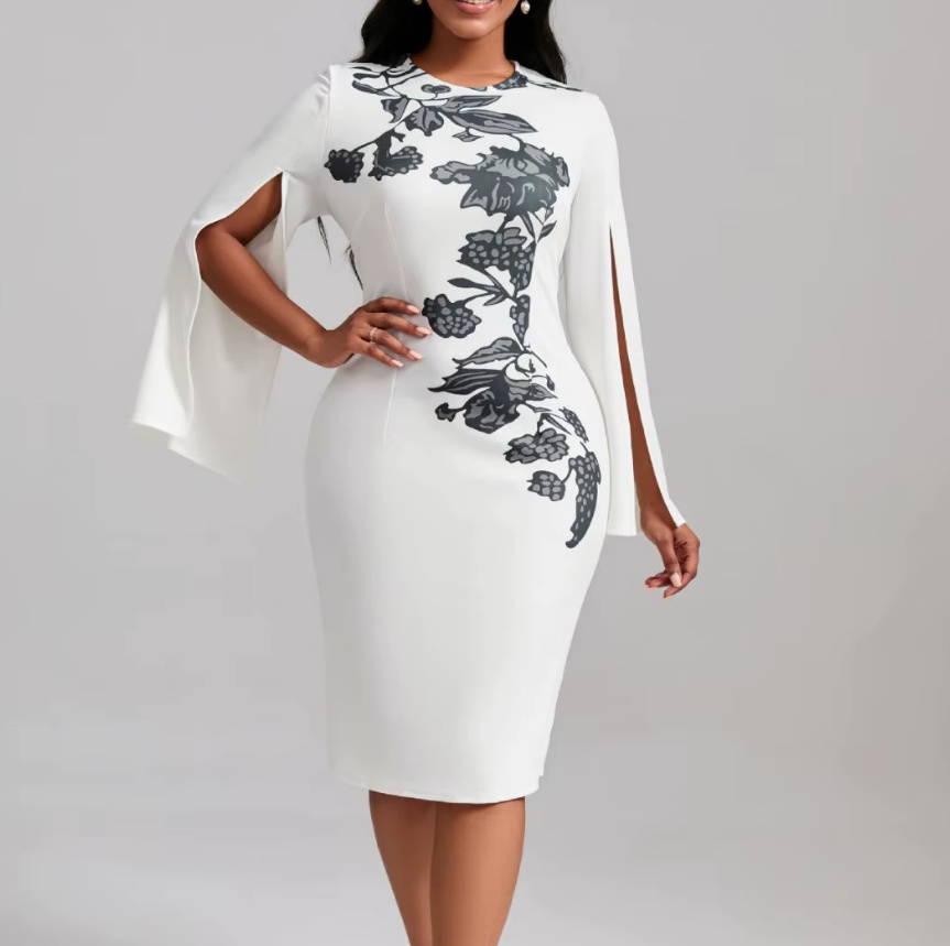 Elegantes Bleistift Bodycon Kleid Darina Knielang in Weiß mit Blumenmuster