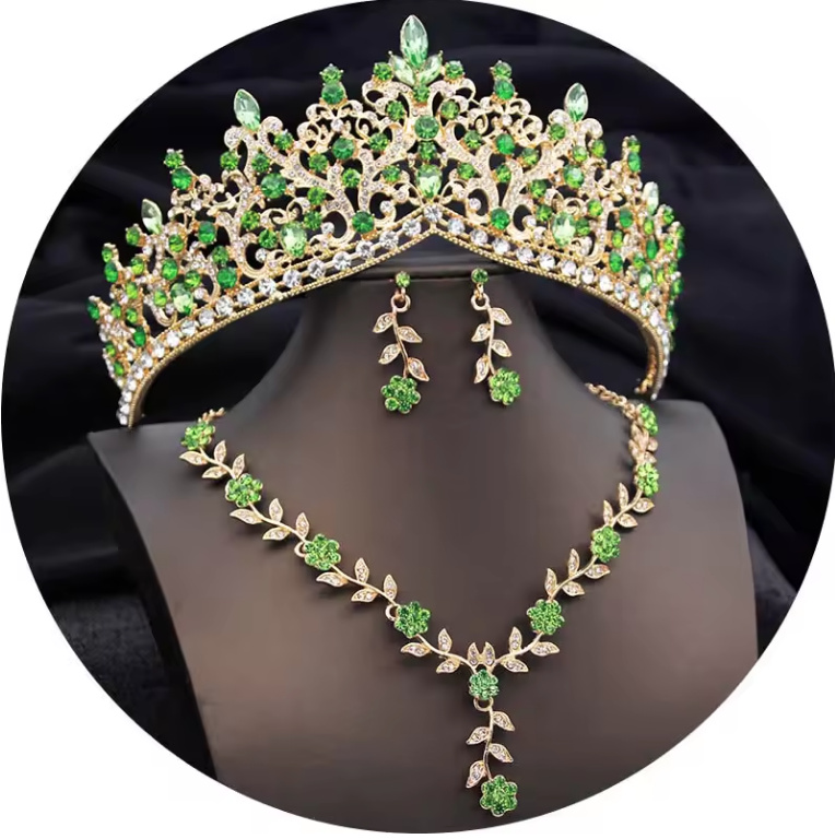 Brautschmuck Set Dana Tiara Halskette und Ohrringe im Set Gold Hellgrün