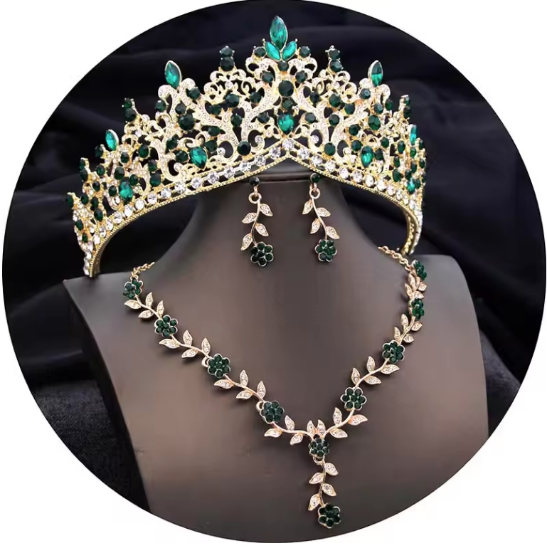 Brautschmuck Set Dana Tiara Halskette und Ohrringe im Set Gold Dunkelgrün