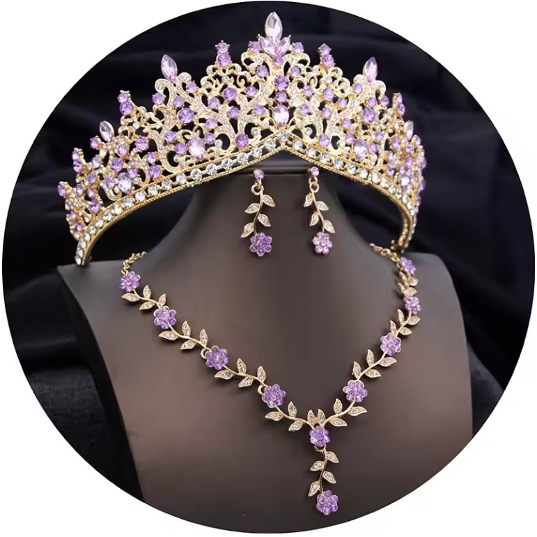 Brautschmuck Set Dana Tiara Halskette und Ohrringe im Set Gold Pink