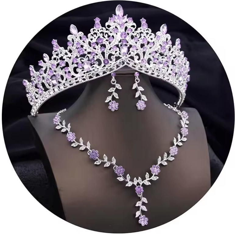 Brautschmuck Set Dana Tiara Halskette und Ohrringe im Set Pink Silber