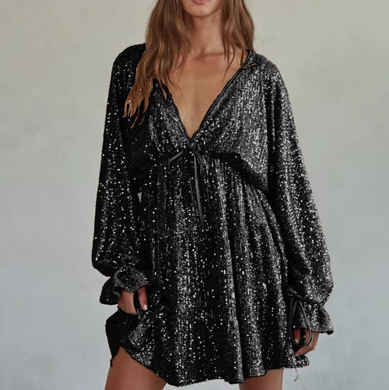 Elegantes Hängerchen Glitzer Kleid Kurz in Schwarz