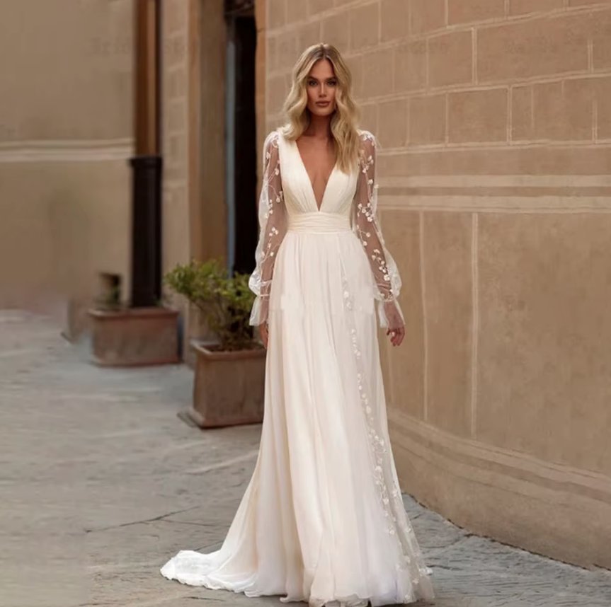 A Linie Langarm Boho Brautkleid Deolinda mit Ärmel aus Spitze