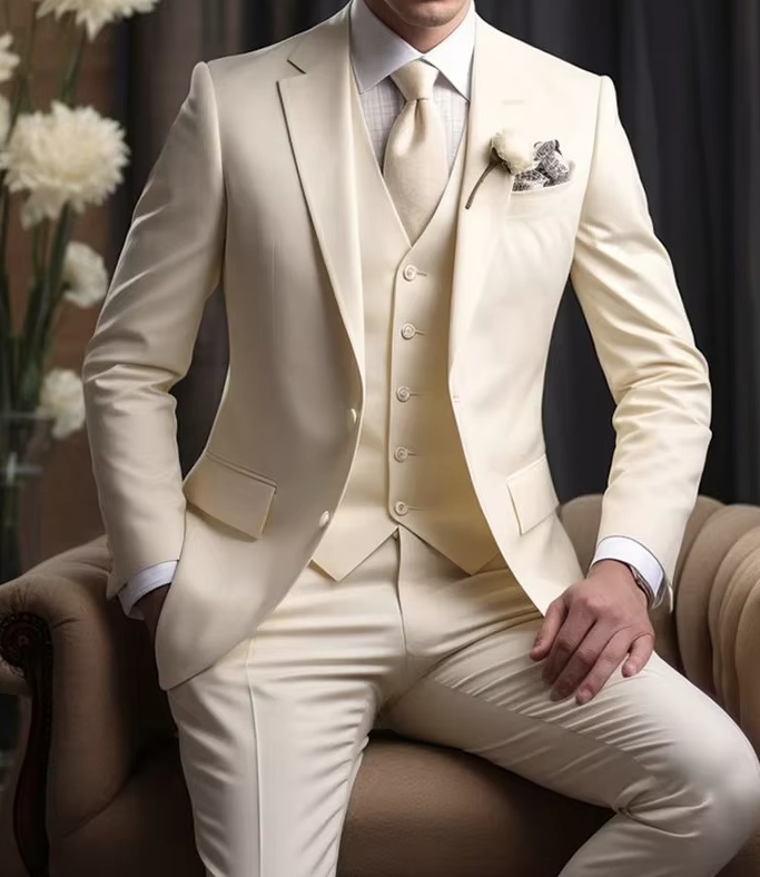 Herren Anzug für den Bräutigam und Hochzeitsgäste in Champagne Dreiteilig Sakko Weste und Hose