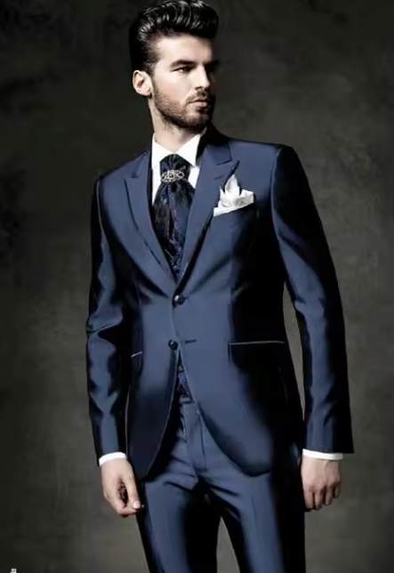 Satin Herren Anzug Smoking für den Bräutigam und Hochzeitsgäste in Marineblau Dreiteilig Sakko Weste und Hose